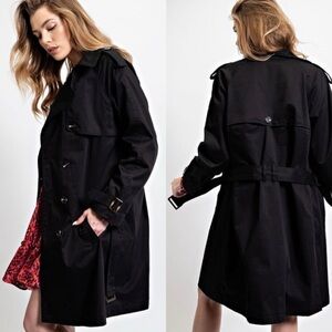 459. Easel Trench Coat Women's Black Oversized Buckle Belt Button Long Sleeve